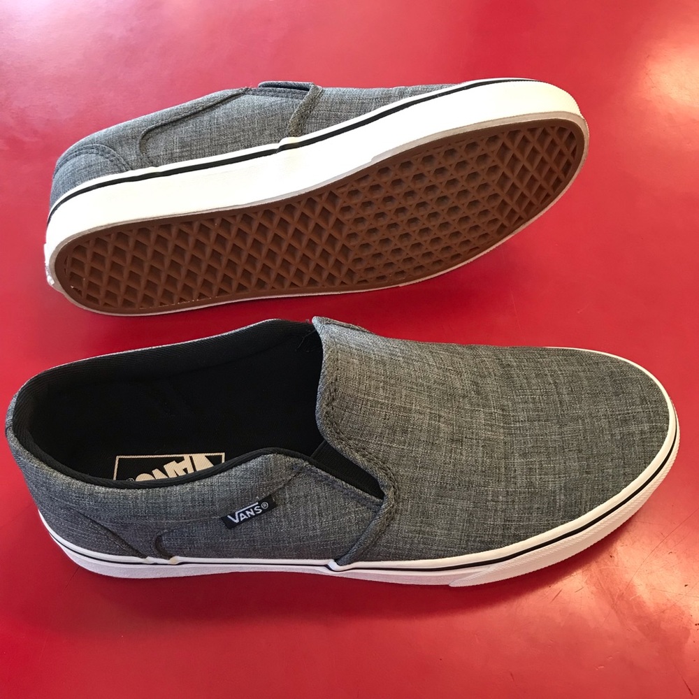 Gray Asher slip-on Vans, mens sz 9, ladies sz 10.5